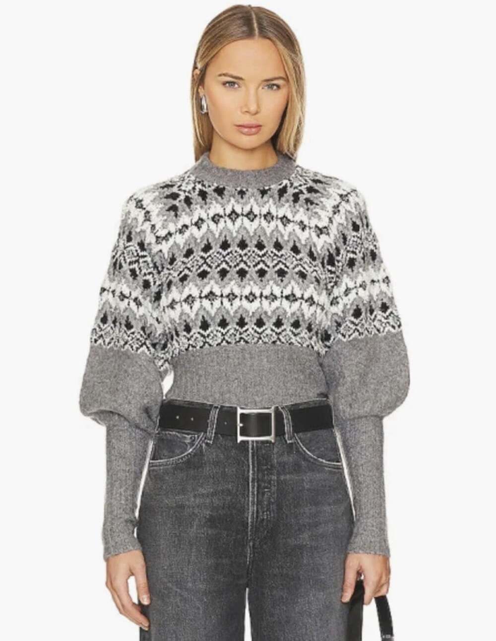 Revolve L'Academie Sz S Niara Gray Bishop Sleeve Wool Blend Fair Isle Sweater - Picture 9 of 9